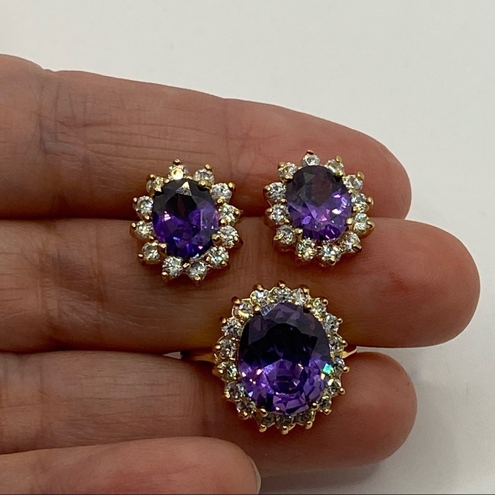 Jewelry Set Fashion Earrings Ring Size 6 Purple Violet Faceted Faux Amethyst Cz